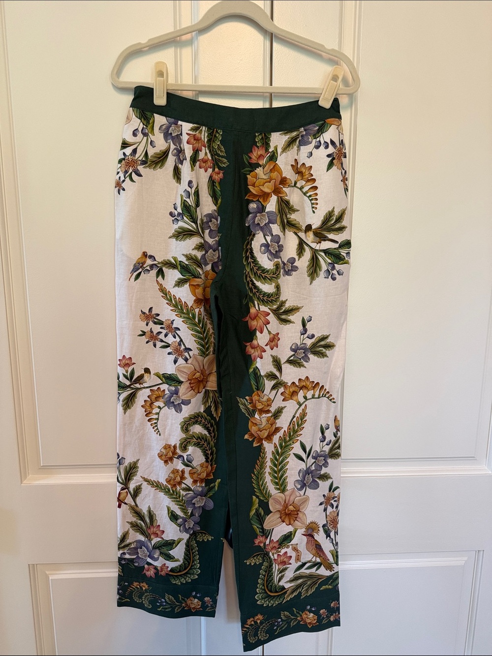 FARM Rio White Floral Wide-Leg Pants with Dark Green Trim